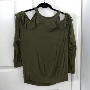 Army green, open shoulder, ruffle detail Express top